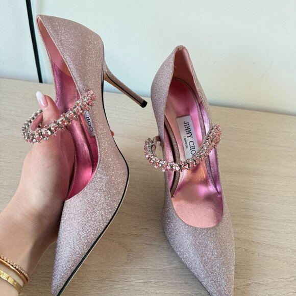 Jimmy Choo Bing 85 Pumps Sz 37 Pink Glitter Crystal Embellished Pointed Toe - Picture 14 of 14